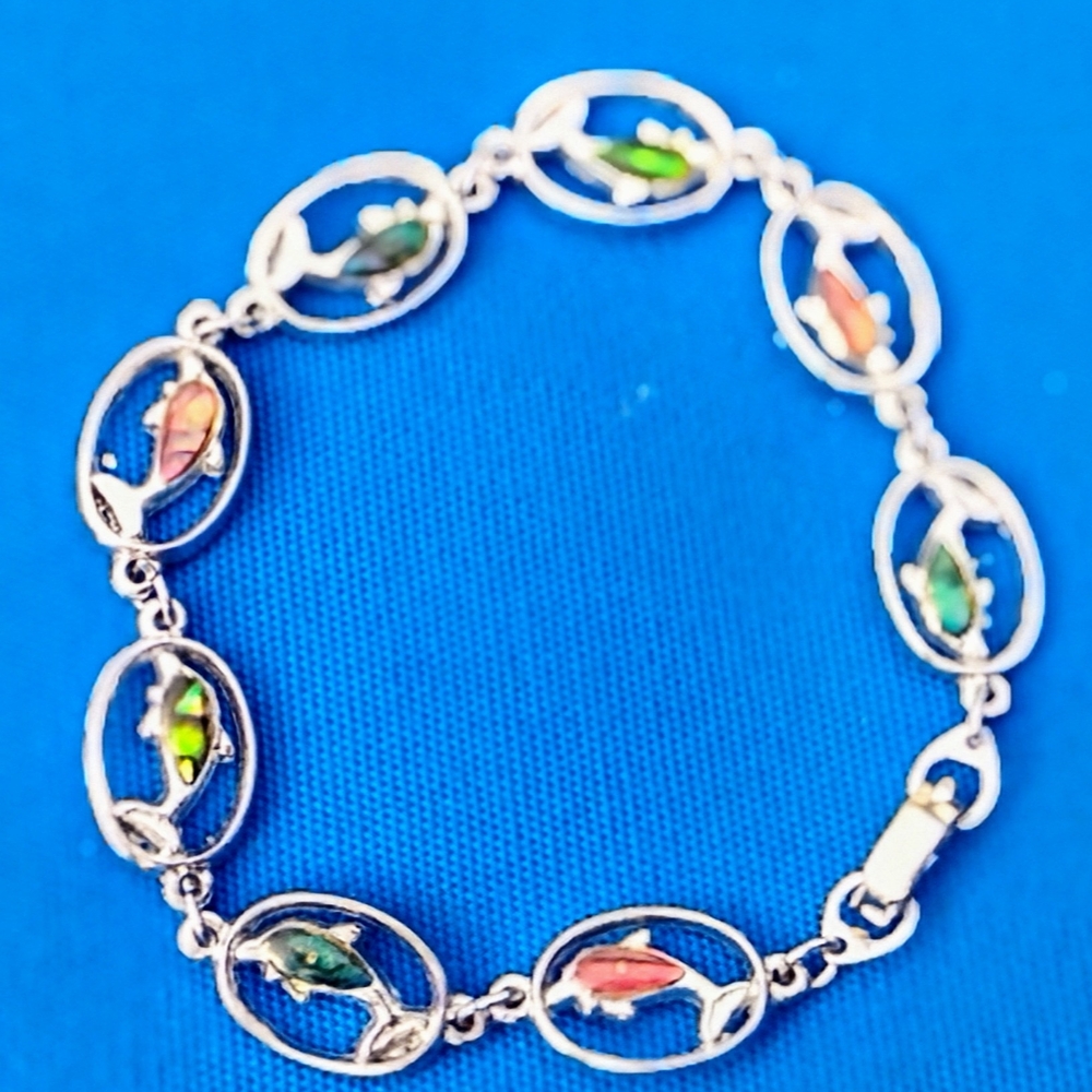 Colorful Mother Of Pearl &  Silver  Dolphins Charm Bracelet